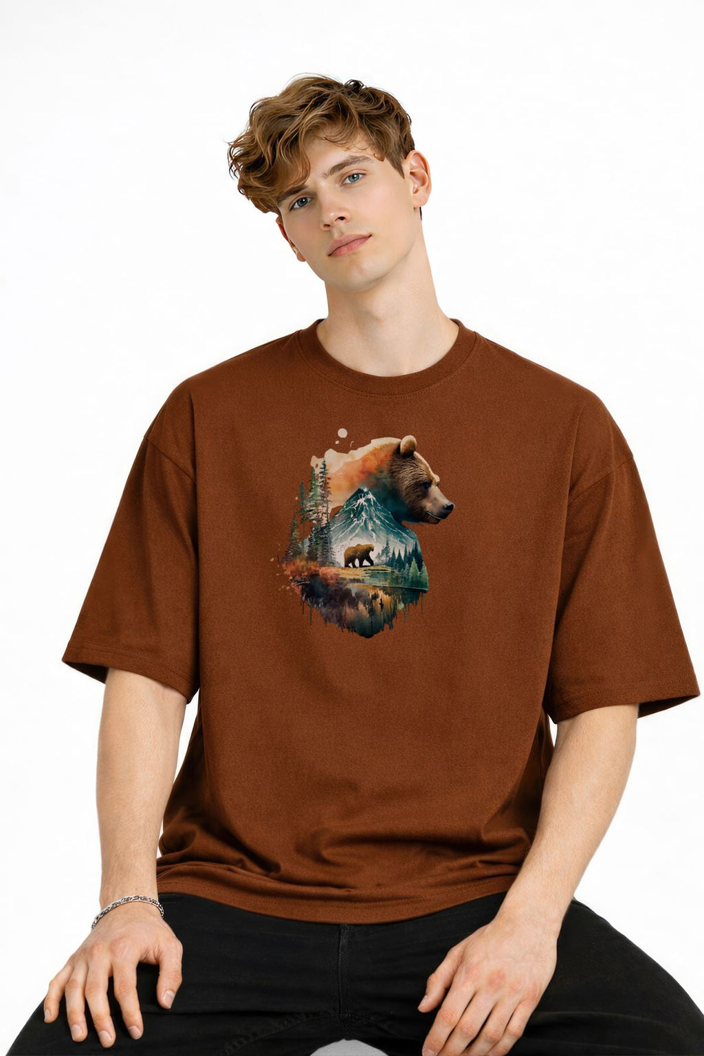 Bear2 - Premium Pamuklu Kumaş Oversize Unisex Tişört Kahve