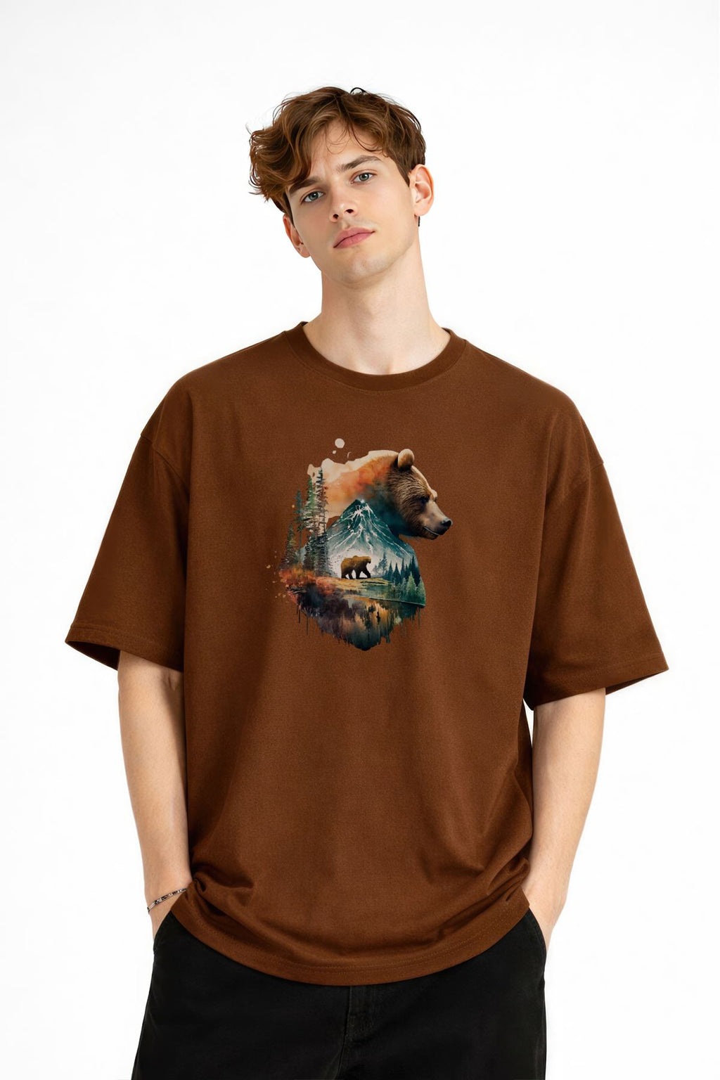 Bear2 - Premium Pamuklu Kumaş Oversize Unisex Tişört Kahve