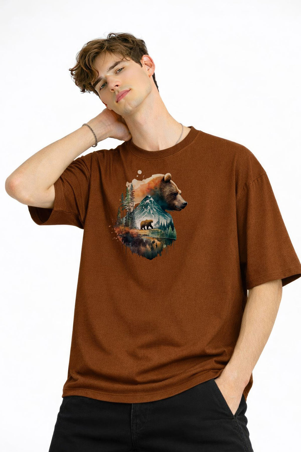 Bear2 - Premium Pamuklu Kumaş Oversize Unisex Tişört Kahve