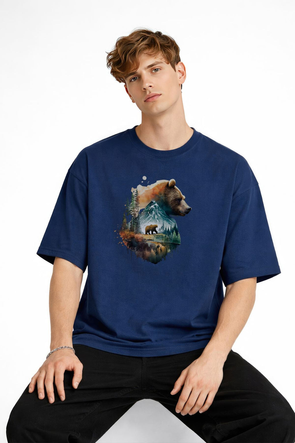 Bear2 - Premium Pamuklu Kumaş Oversize Unisex Tişört Lacivert
