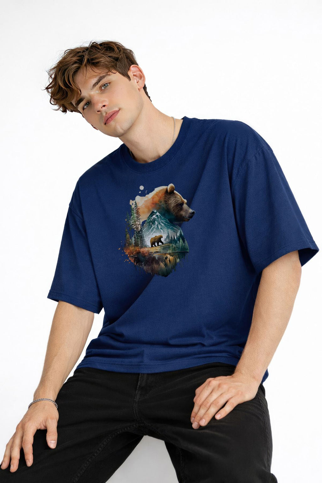 Bear2 - Premium Pamuklu Kumaş Oversize Unisex Tişört Lacivert