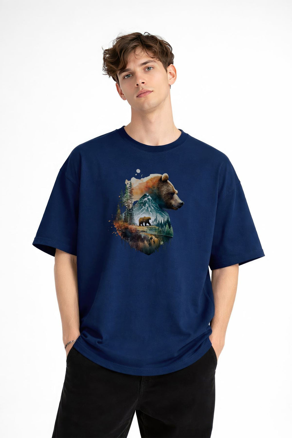 Bear2 - Premium Pamuklu Kumaş Oversize Unisex Tişört Lacivert