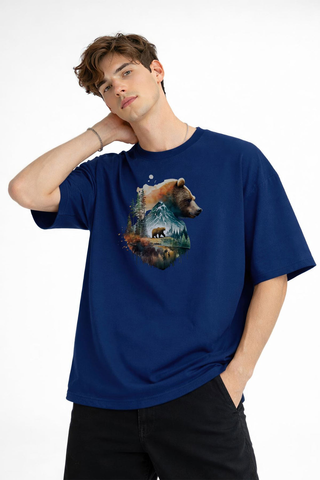 Bear2 - Premium Pamuklu Kumaş Oversize Unisex Tişört Lacivert
