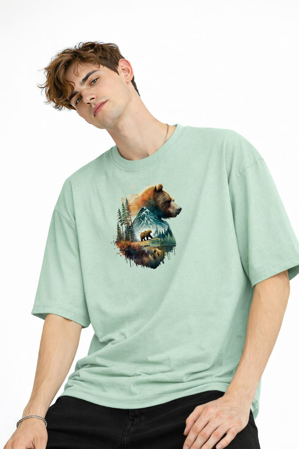 Bear2 - Premium Pamuklu Kumaş Oversize Unisex Tişört Su Yeşili