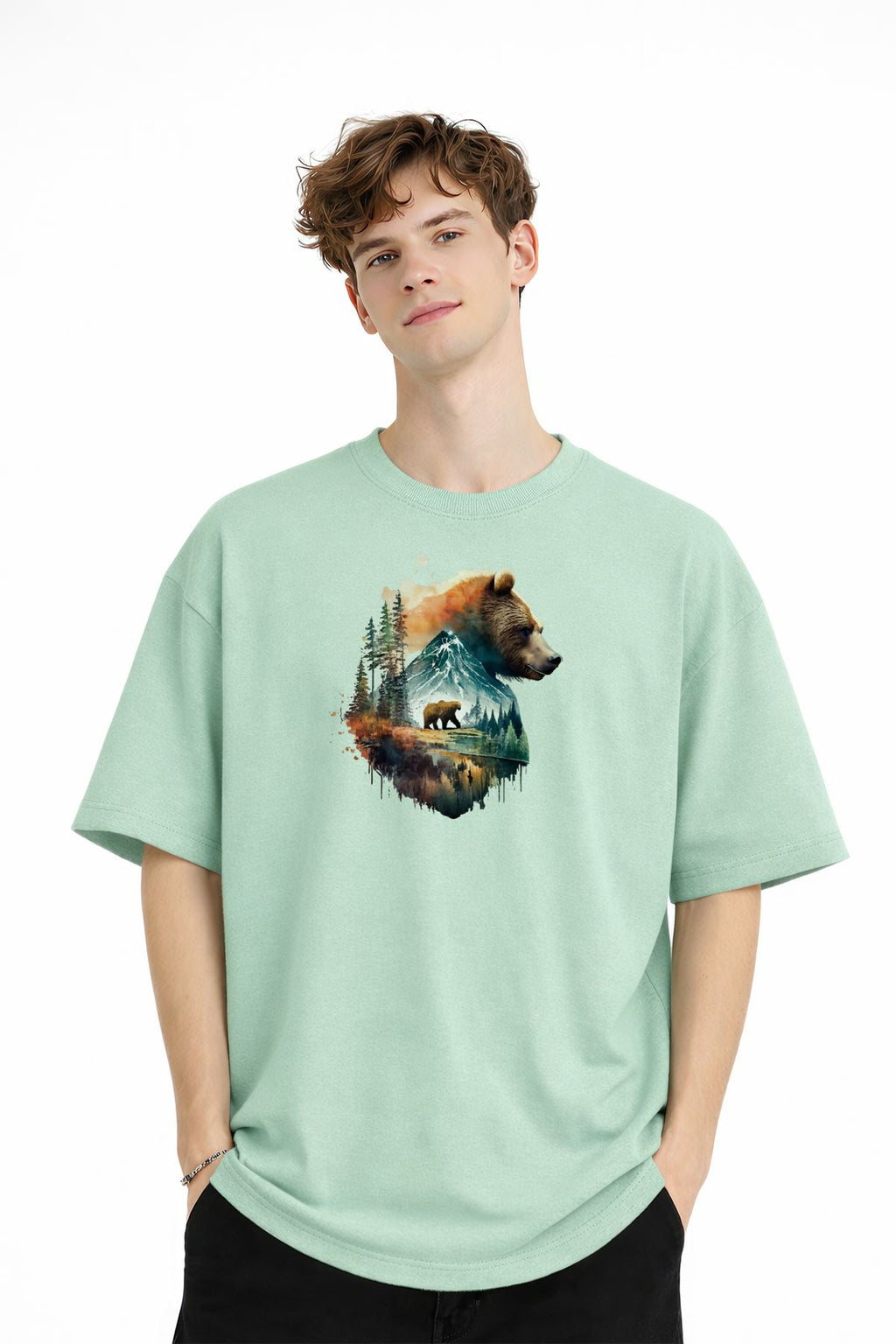 Bear2 - Premium Pamuklu Kumaş Oversize Unisex Tişört Su Yeşili
