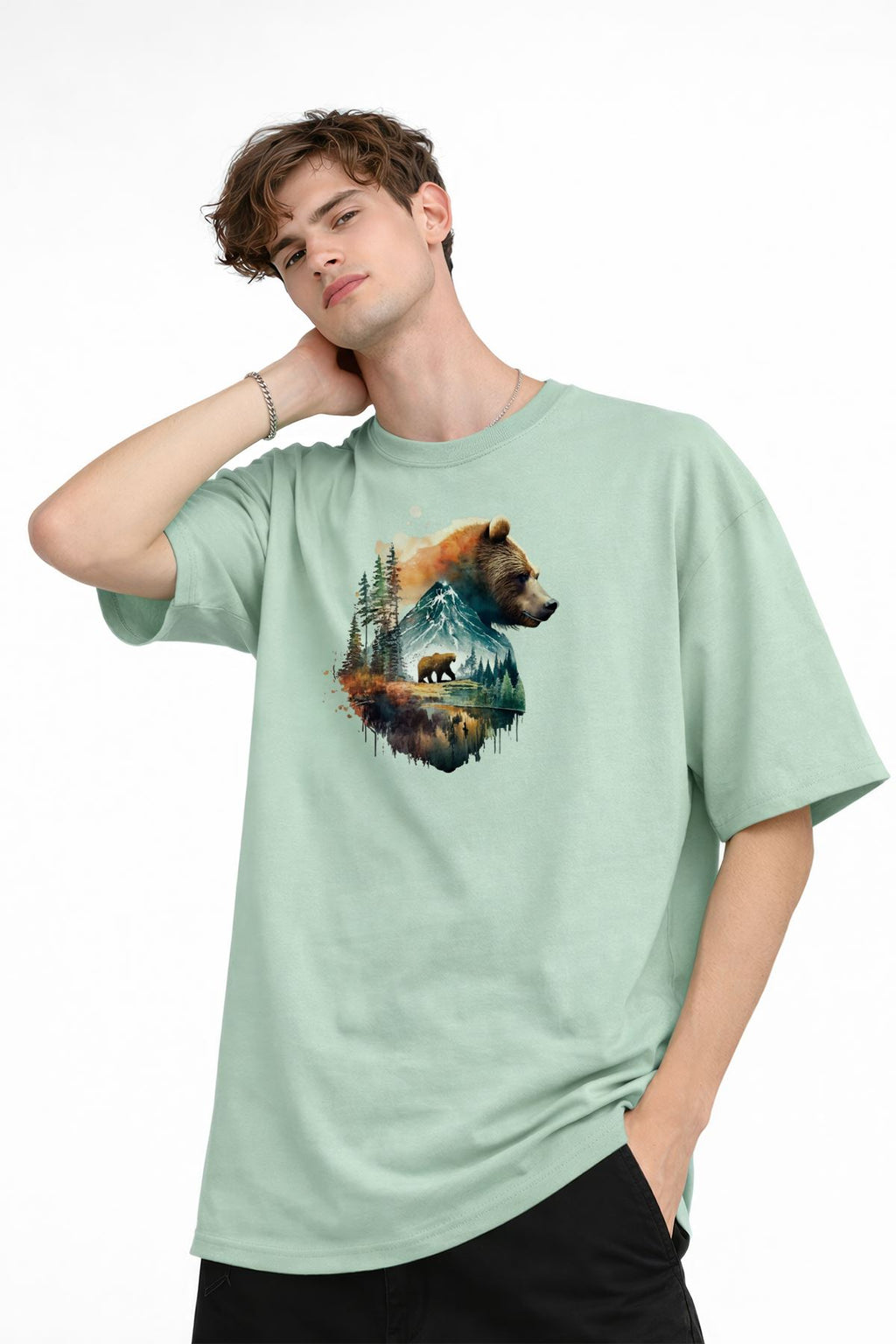 Bear2 - Premium Pamuklu Kumaş Oversize Unisex Tişört Su Yeşili