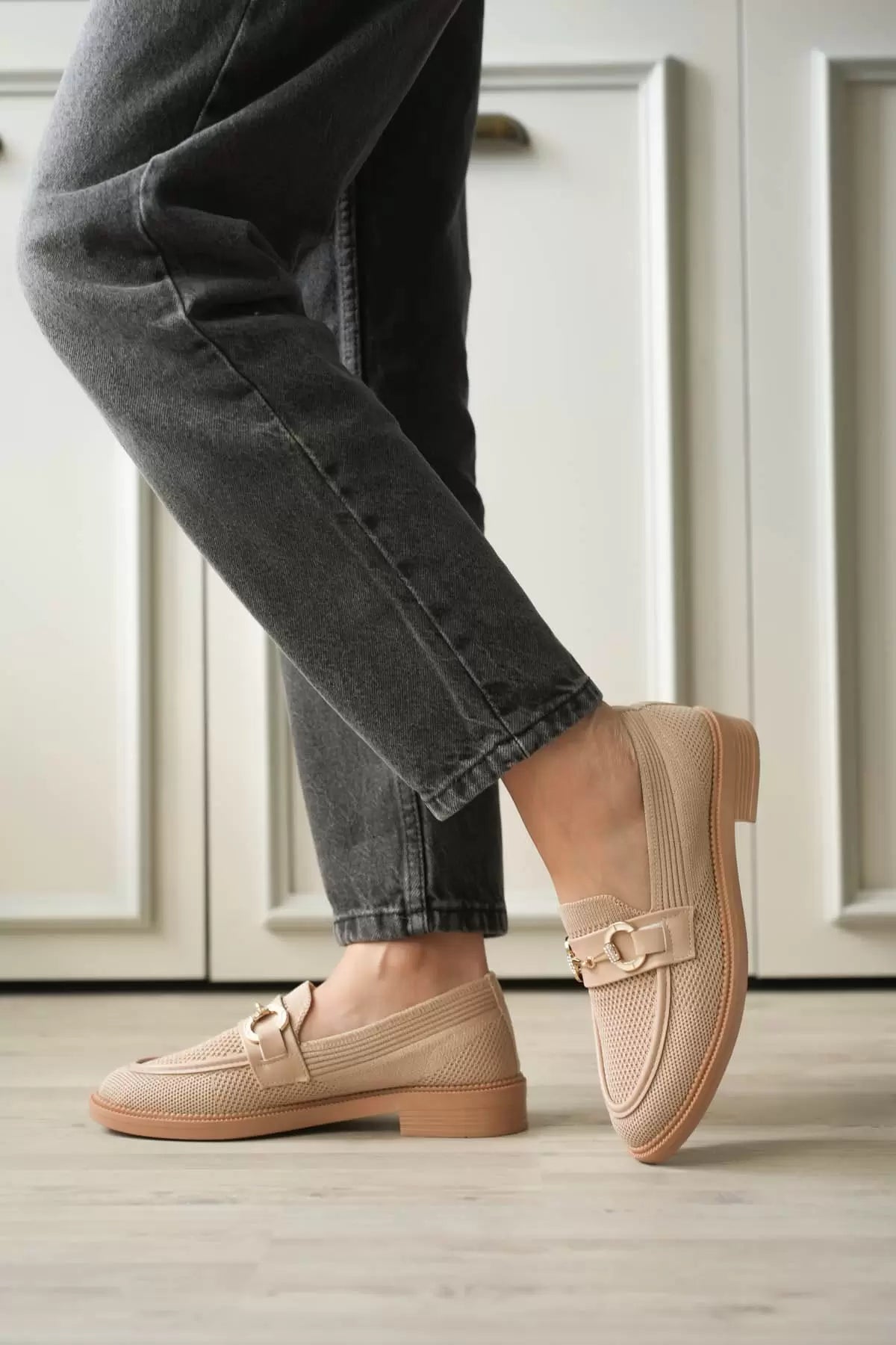 ZR0MS02 Premium Bej Loafer Metal Tokalı Rahat Günlük Ayakkabı