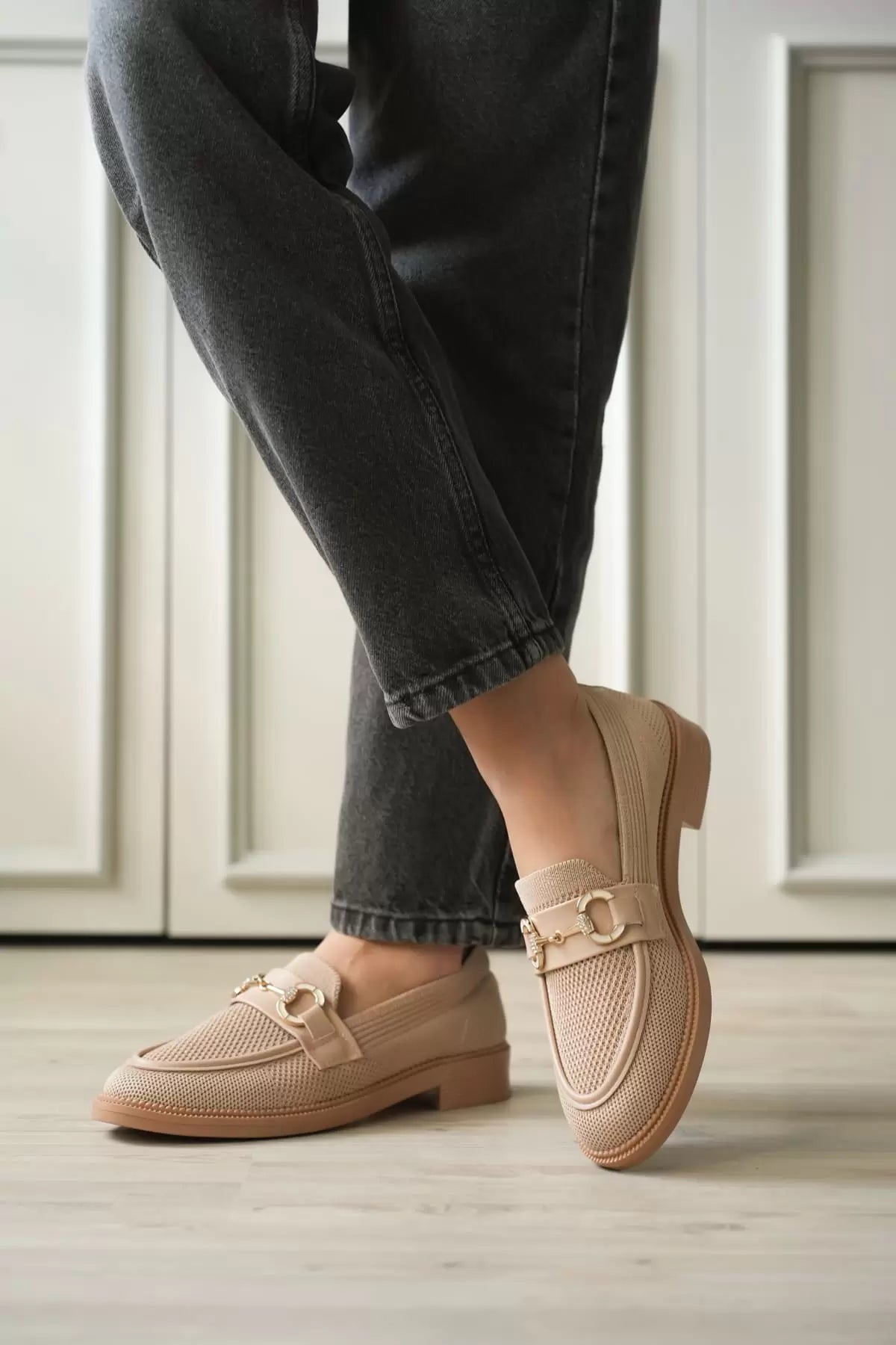 ZR0MS02 Premium Bej Loafer Metal Tokalı Rahat Günlük Ayakkabı