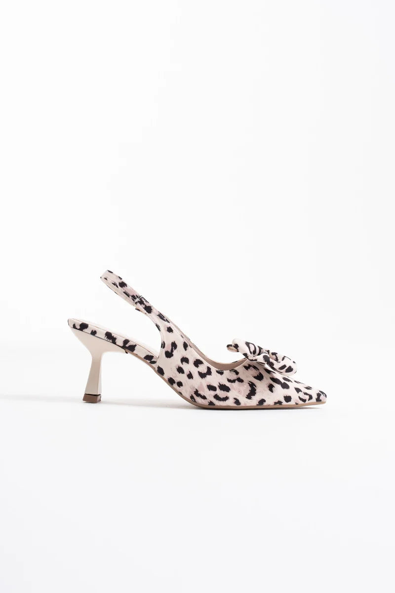 ZR-T1 Premium Bej Leopar Fiyonklu Kitten Topuklu Slingback Kadın Topuklu Ayakkabı