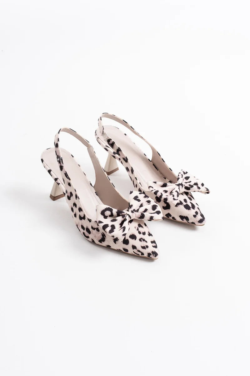 ZR-T1 Premium Bej Leopar Fiyonklu Kitten Topuklu Slingback Kadın Topuklu Ayakkabı