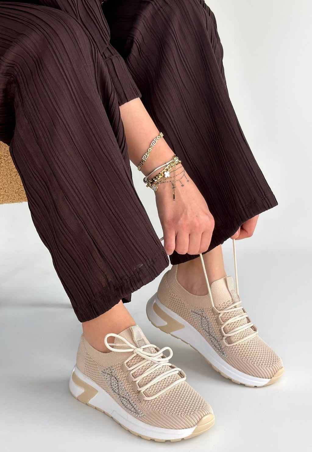 Belan Bej Triko Slip On Bağcıklı Spor Ayakkabı
