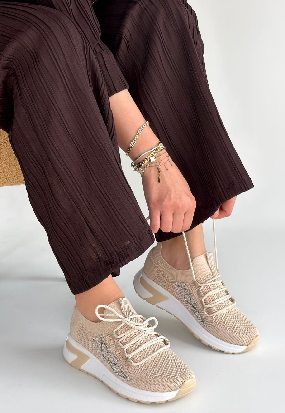 Belan Bej Triko Slip On Bağcıklı Spor Ayakkabı