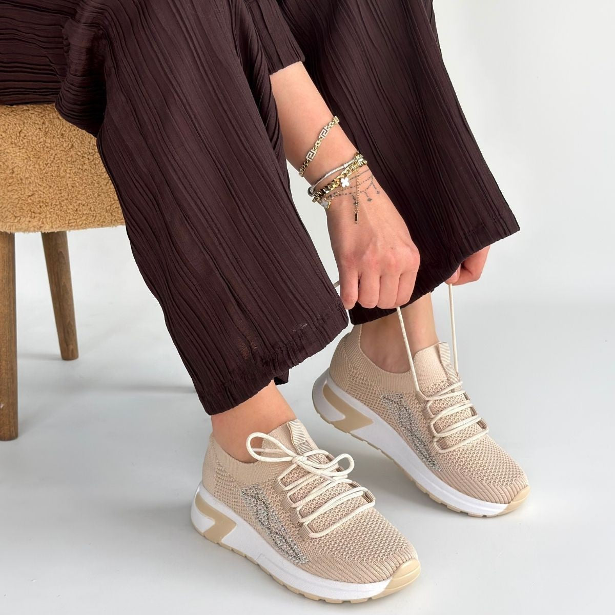 Belan Bej Triko Slip On Bağcıklı Spor Ayakkabı