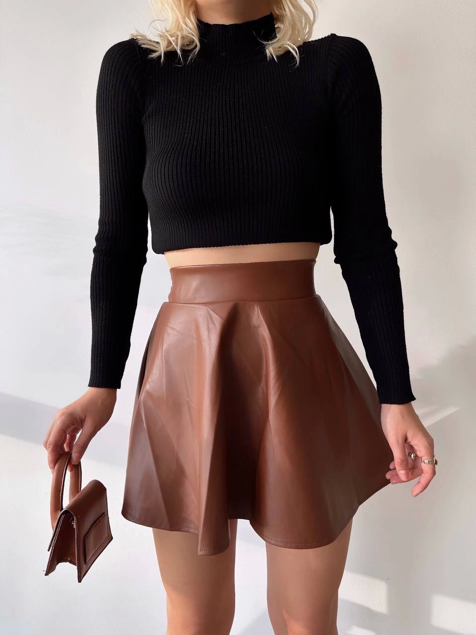 Beli Lastikli Deri Etek Kahve