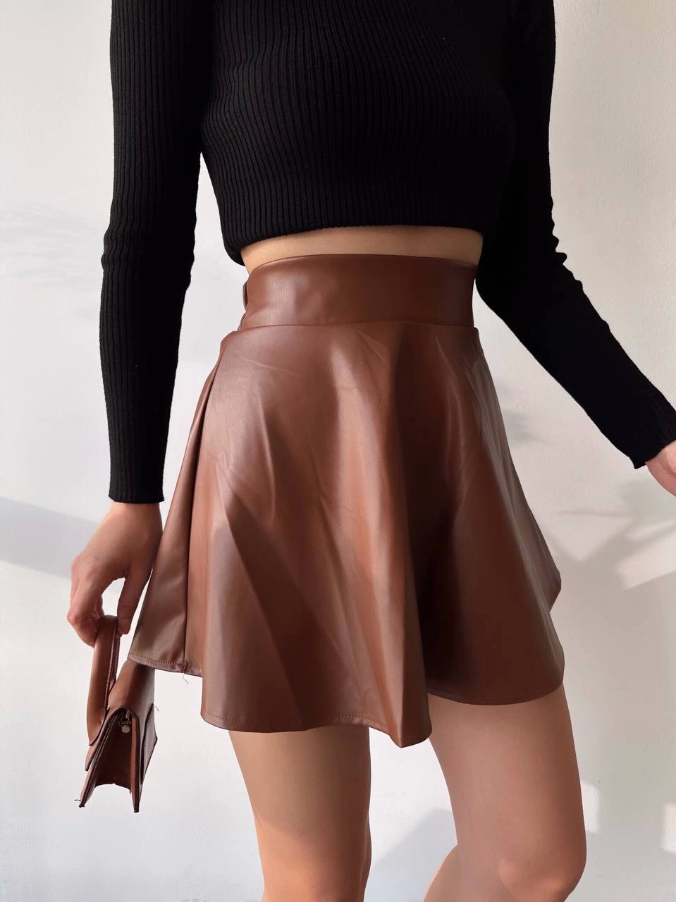 Beli Lastikli Deri Etek Kahve
