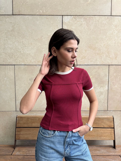 Front Piece Camisole Woven Cotton Fabric Women's Burgundy Blouse