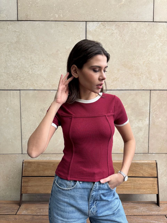 Ön Parçalı Kaşkorse Dokuma Pamuk Kumaş Kadın Bordo Bluz