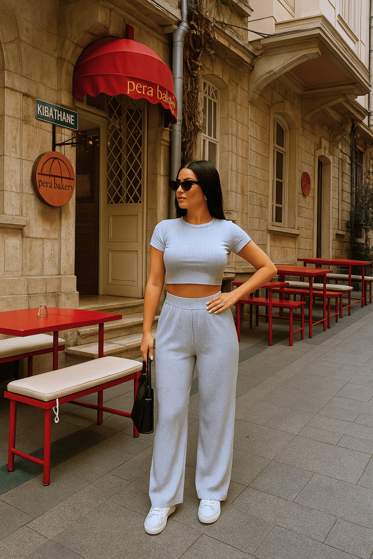 Wide Leg High Waist Gray Suit with Ribbed Collar and Sleeve Detail
