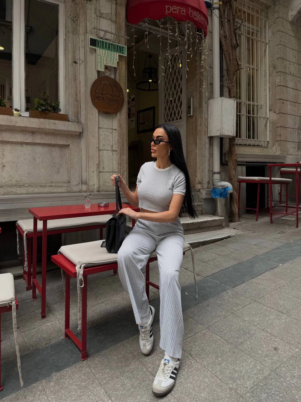 Wide Leg High Waist Gray Suit with Ribbed Collar and Sleeve Detail