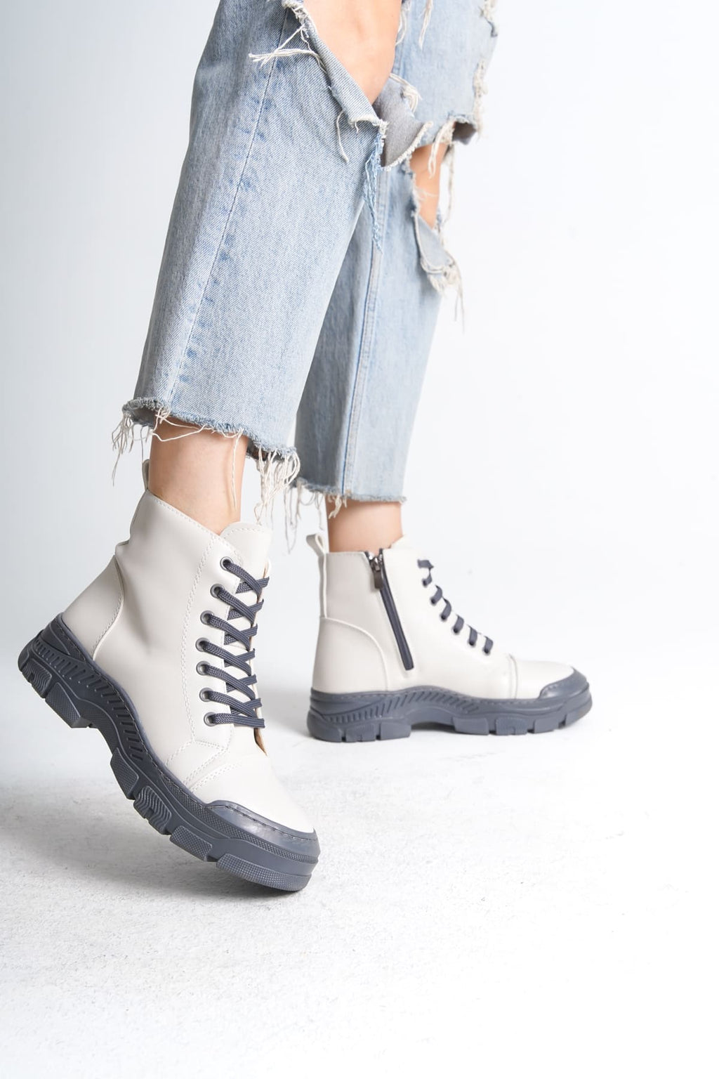 SULINA Lace-Up Zippered Orthopedic Sole Women's Boots - Cream Gray