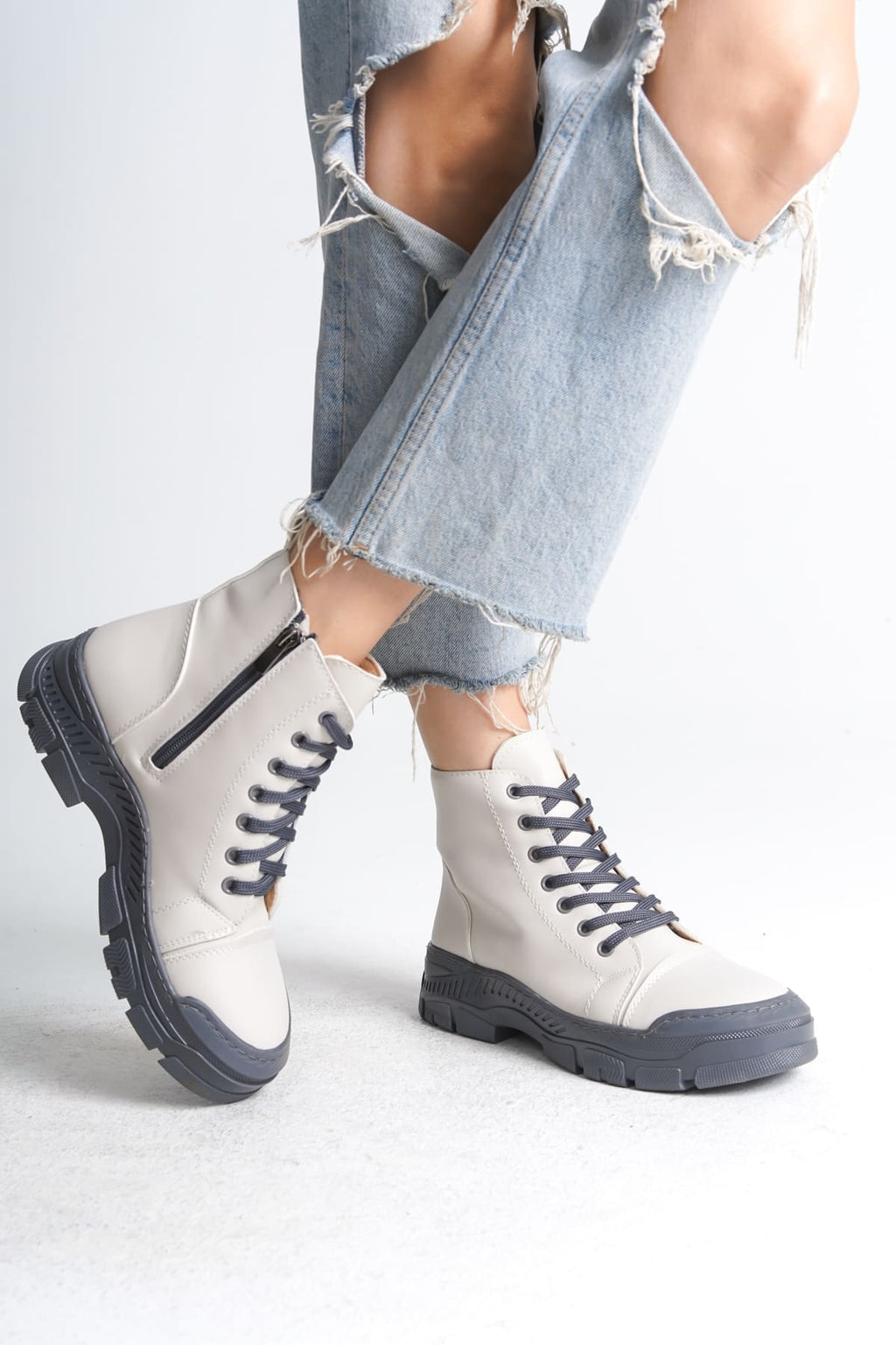 SULINA Lace-Up Zippered Orthopedic Sole Women's Boots - Cream Gray