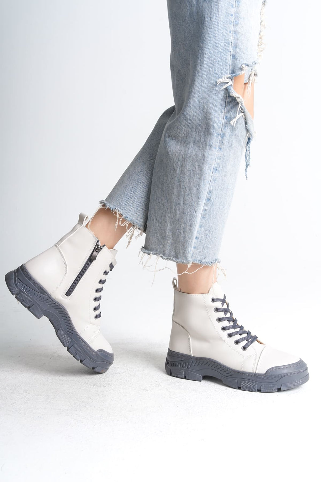 SULINA Lace-Up Zippered Orthopedic Sole Women's Boots - Cream Gray