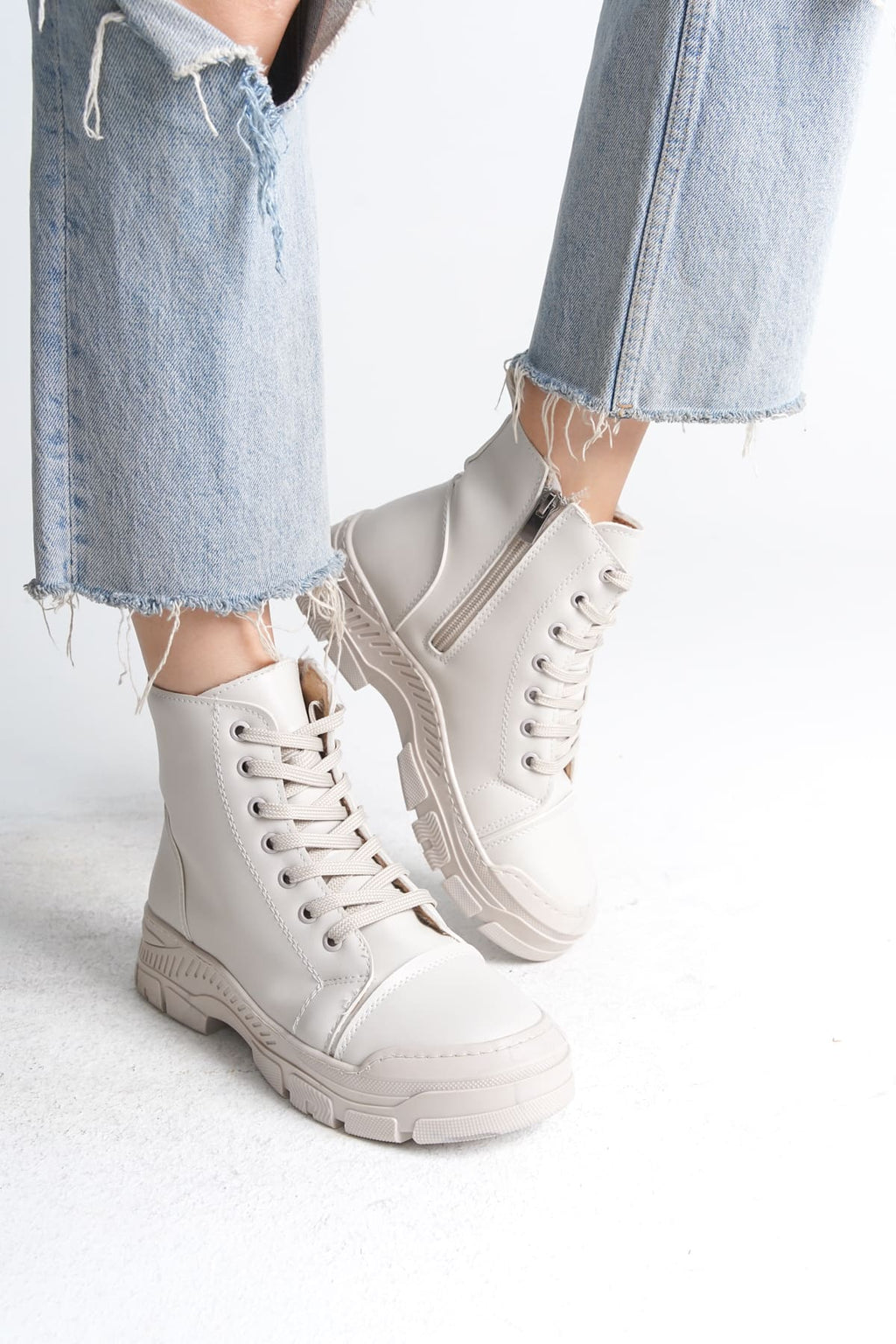SULINA Lace-Up Zippered Orthopedic Sole Women's Boots - Cream
