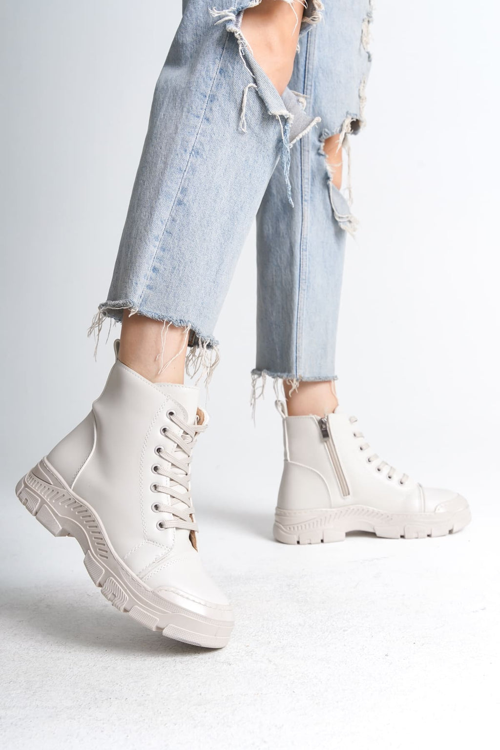 SULINA Lace-Up Zippered Orthopedic Sole Women's Boots - Cream