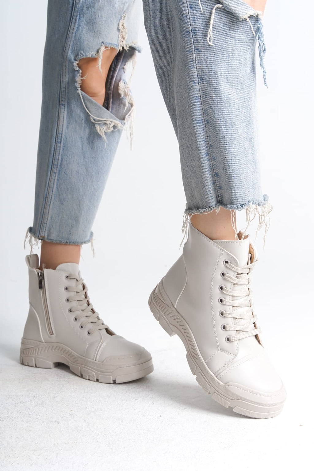 SULINA Lace-Up Zippered Orthopedic Sole Women's Boots - Cream