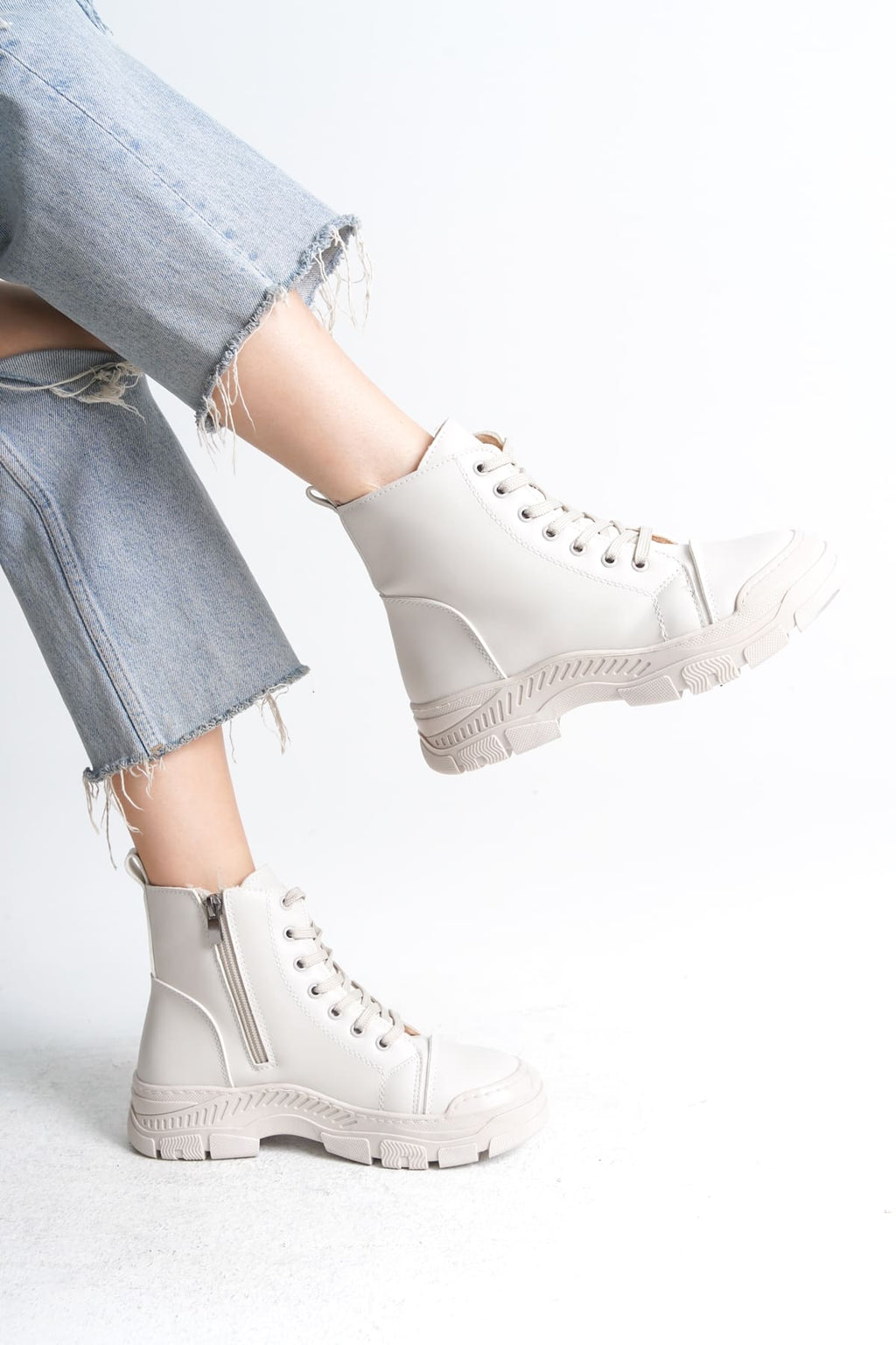 SULINA Lace-Up Zippered Orthopedic Sole Women's Boots - Cream