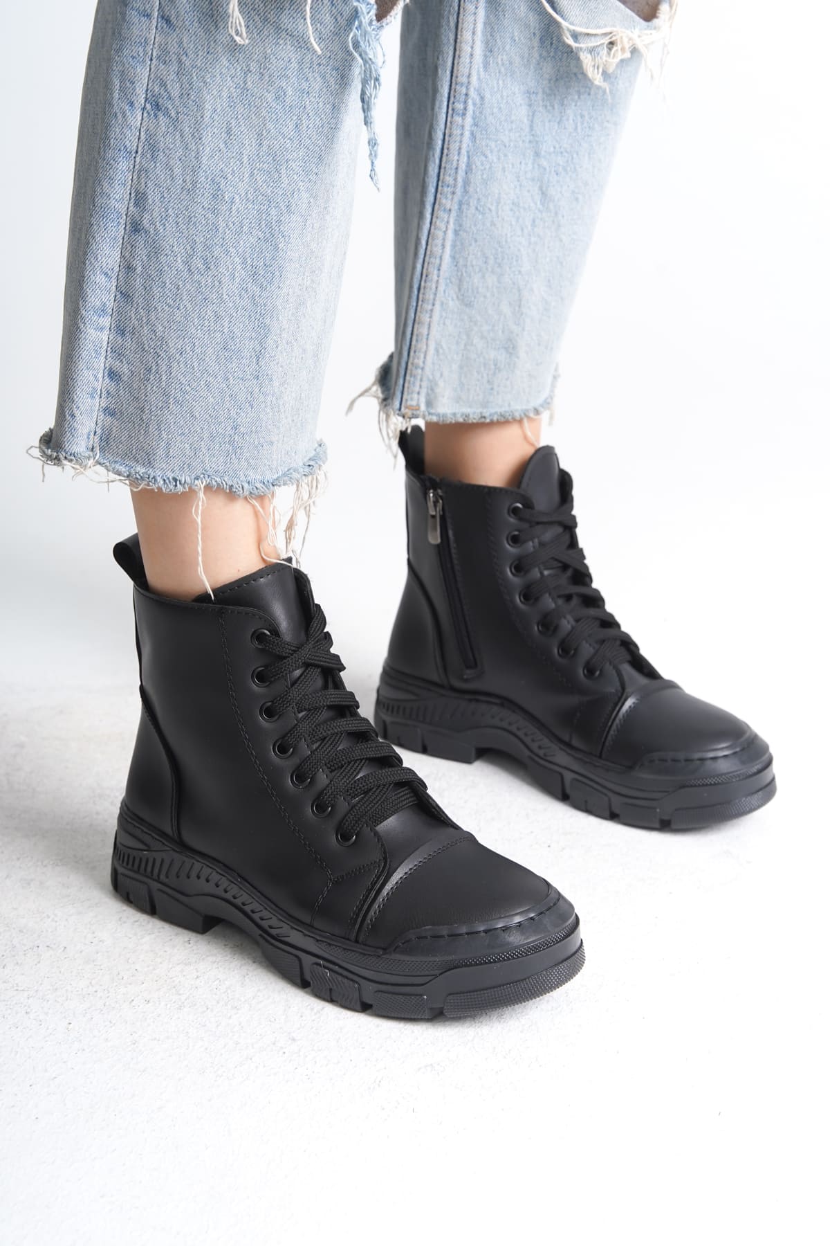SULINA Lace-Up Zippered Orthopedic Sole Women's Boots - Black