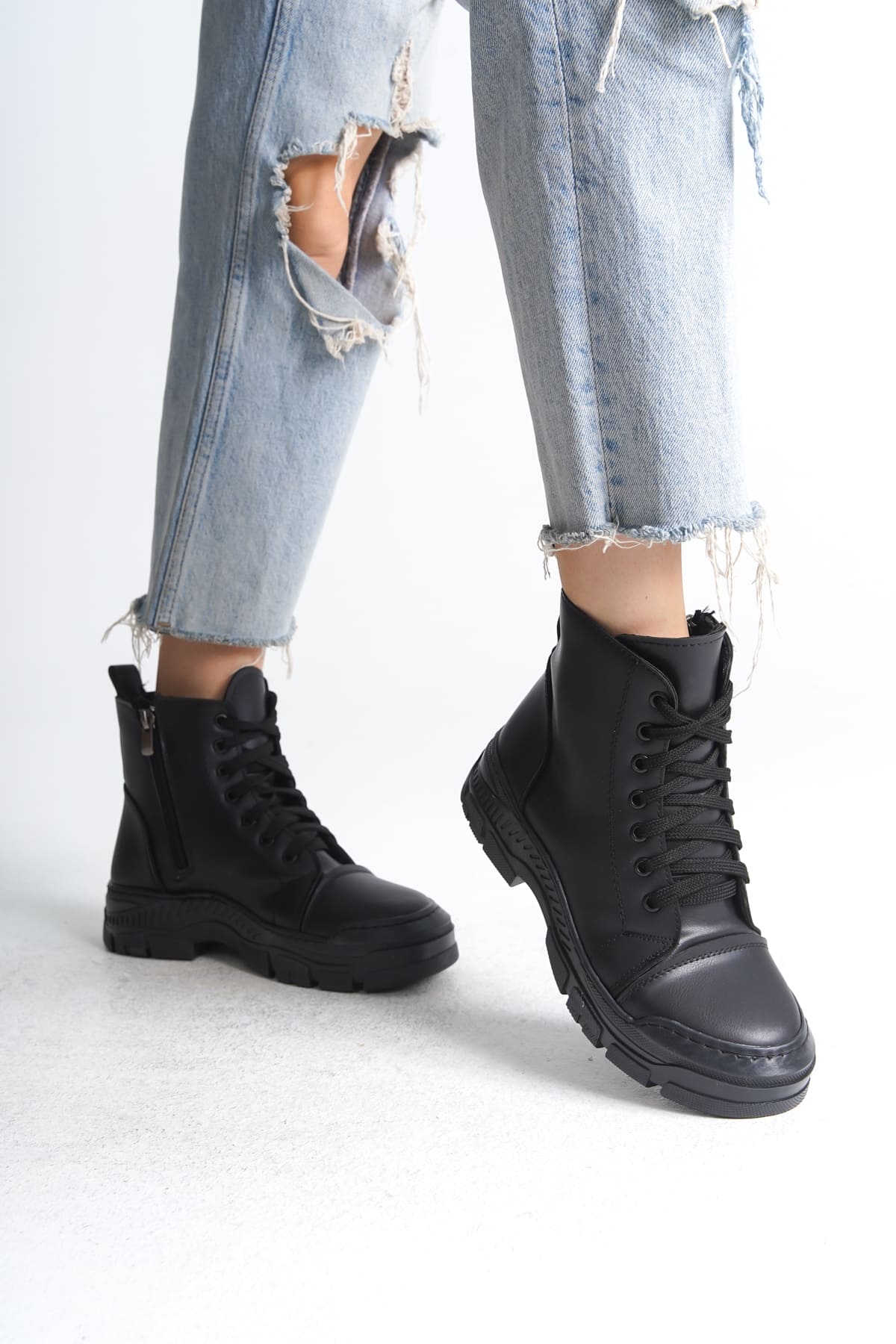 SULINA Lace-Up Zippered Orthopedic Sole Women's Boots - Black