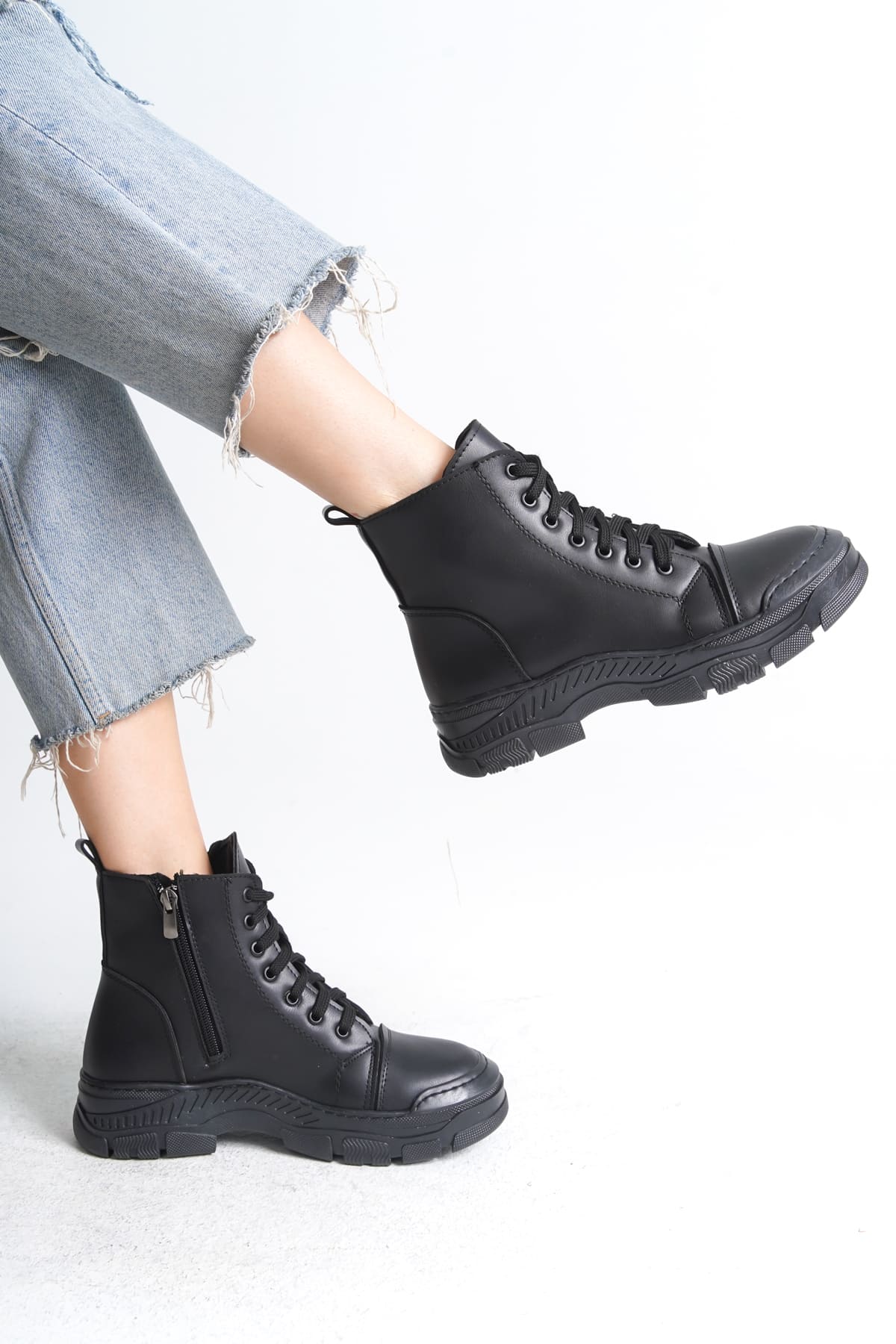 SULINA Lace-Up Zippered Orthopedic Sole Women's Boots - Black