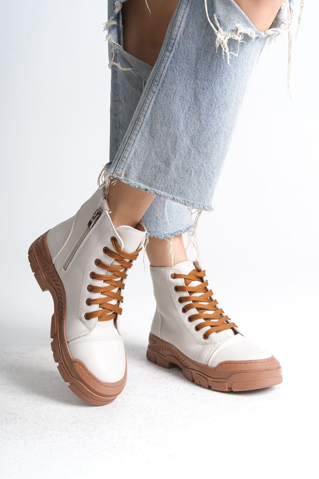 SULINA Lace-Up Zippered Orthopedic Sole Women's Boots - Cream Tan