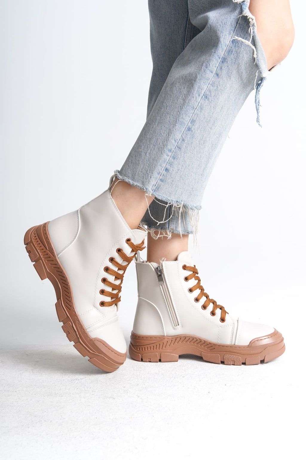 SULINA Lace-Up Zippered Orthopedic Sole Women's Boots - Cream Tan