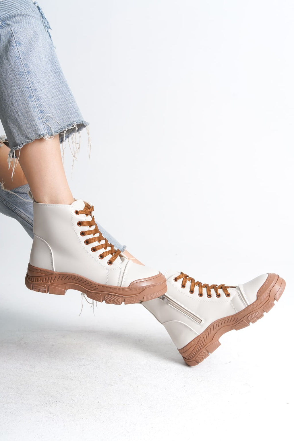SULINA Lace-Up Zippered Orthopedic Sole Women's Boots - Cream Tan