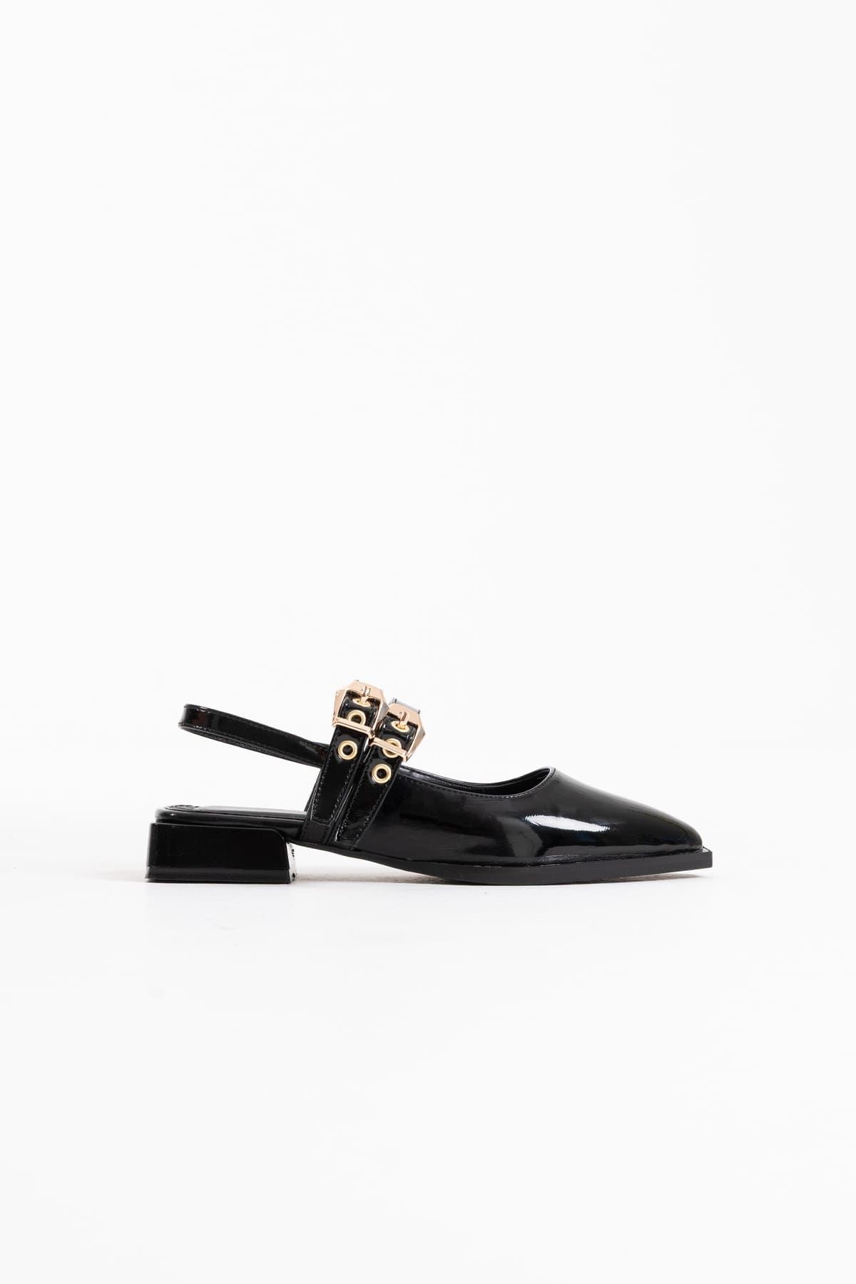 Blues Premium Black Patent Leather Belt Detailed Women's High Heel Shoes