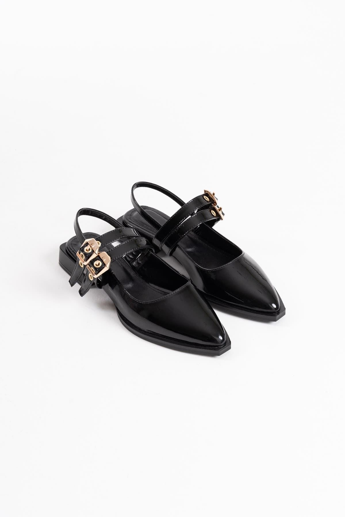 Blues Premium Black Patent Leather Belt Detailed Women's High Heel Shoes