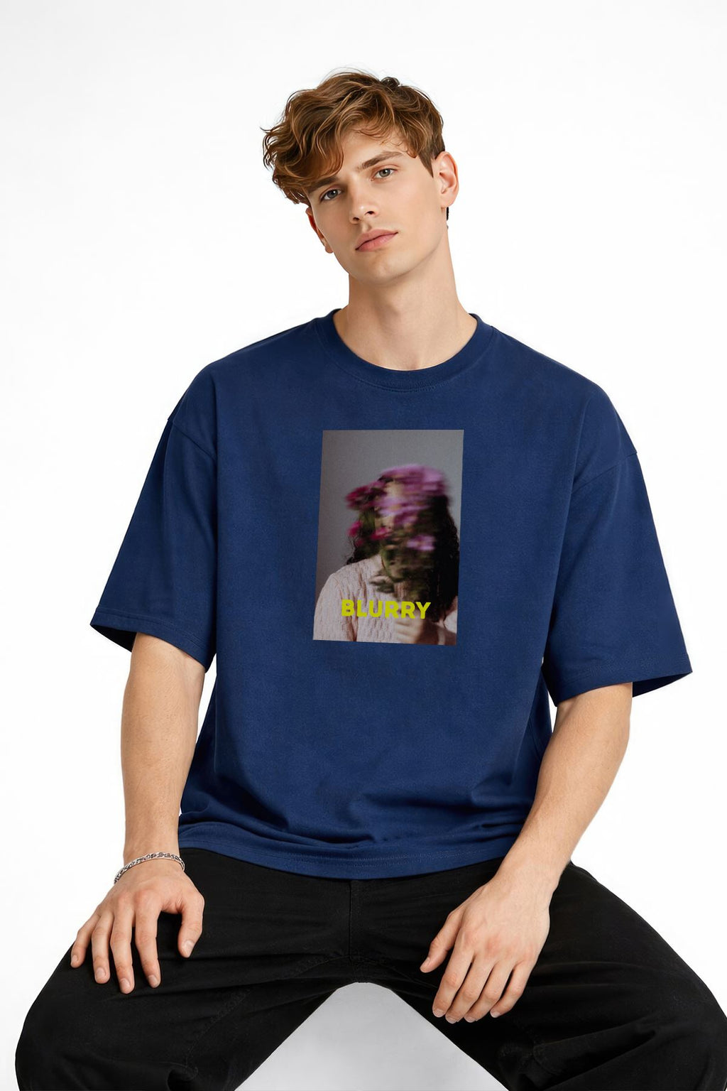 Blurry Baskılı - Premium Kumaş Oversize Erkek Tişört Lacivert