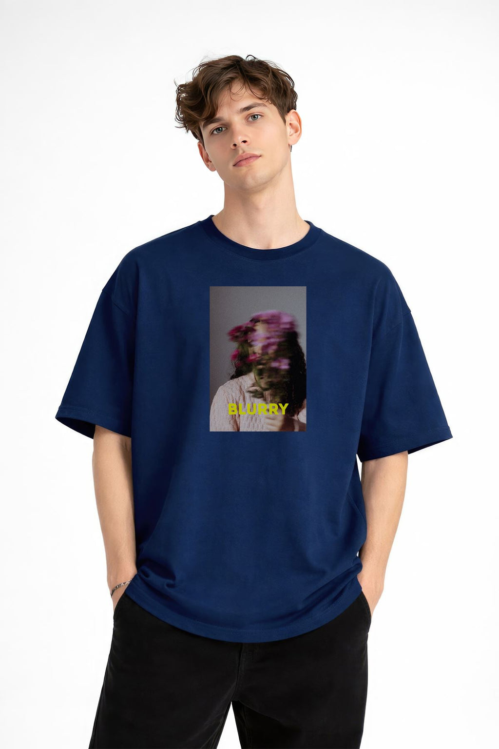 Blurry Baskılı - Premium Kumaş Oversize Erkek Tişört Lacivert