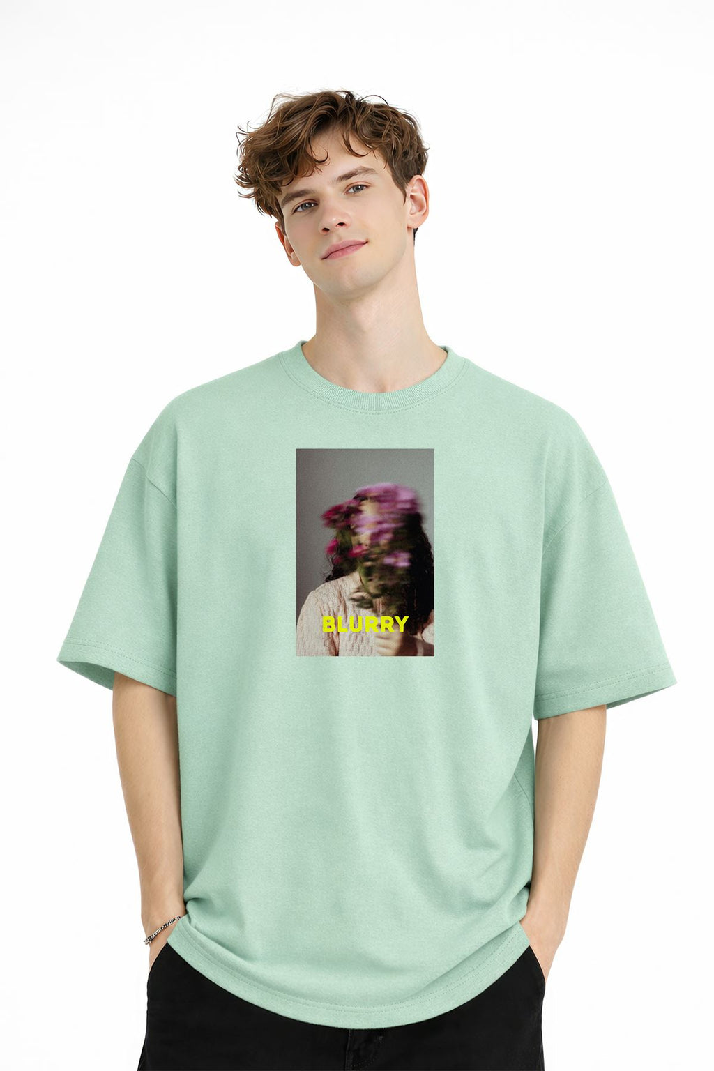 Blurry Baskılı - Premium Kumaş Oversize Erkek Tişört Su Yeşili