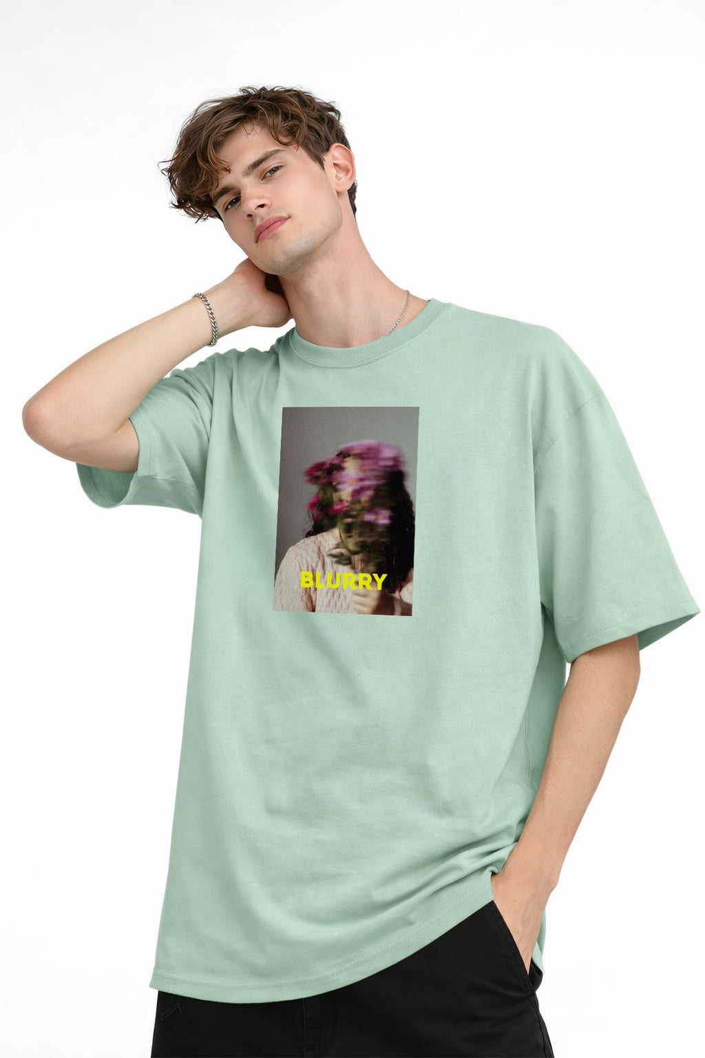 Blurry Baskılı - Premium Kumaş Oversize Erkek Tişört Su Yeşili