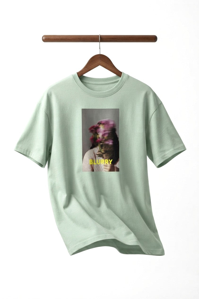 Blurry Baskılı - Premium Kumaş Oversize Erkek Tişört Su Yeşili