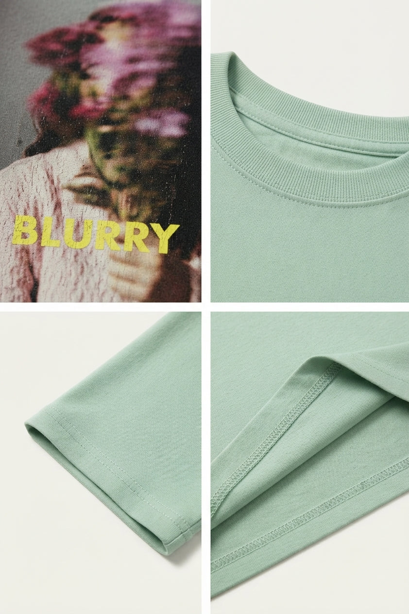Blurry Baskılı - Premium Kumaş Oversize Erkek Tişört Su Yeşili