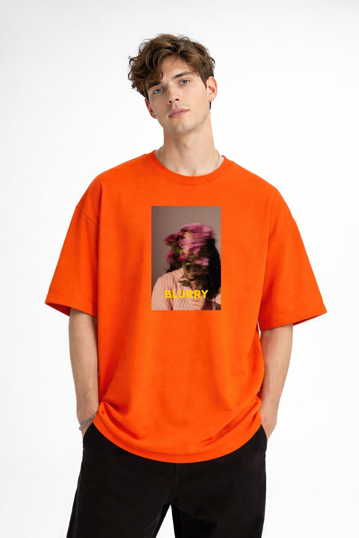 Blurry Baskılı - Premium Kumaş Oversize Erkek Tişört Turuncu