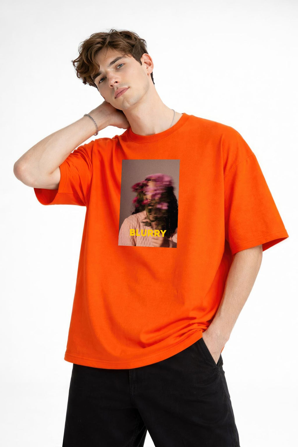 Blurry Baskılı - Premium Kumaş Oversize Erkek Tişört Turuncu