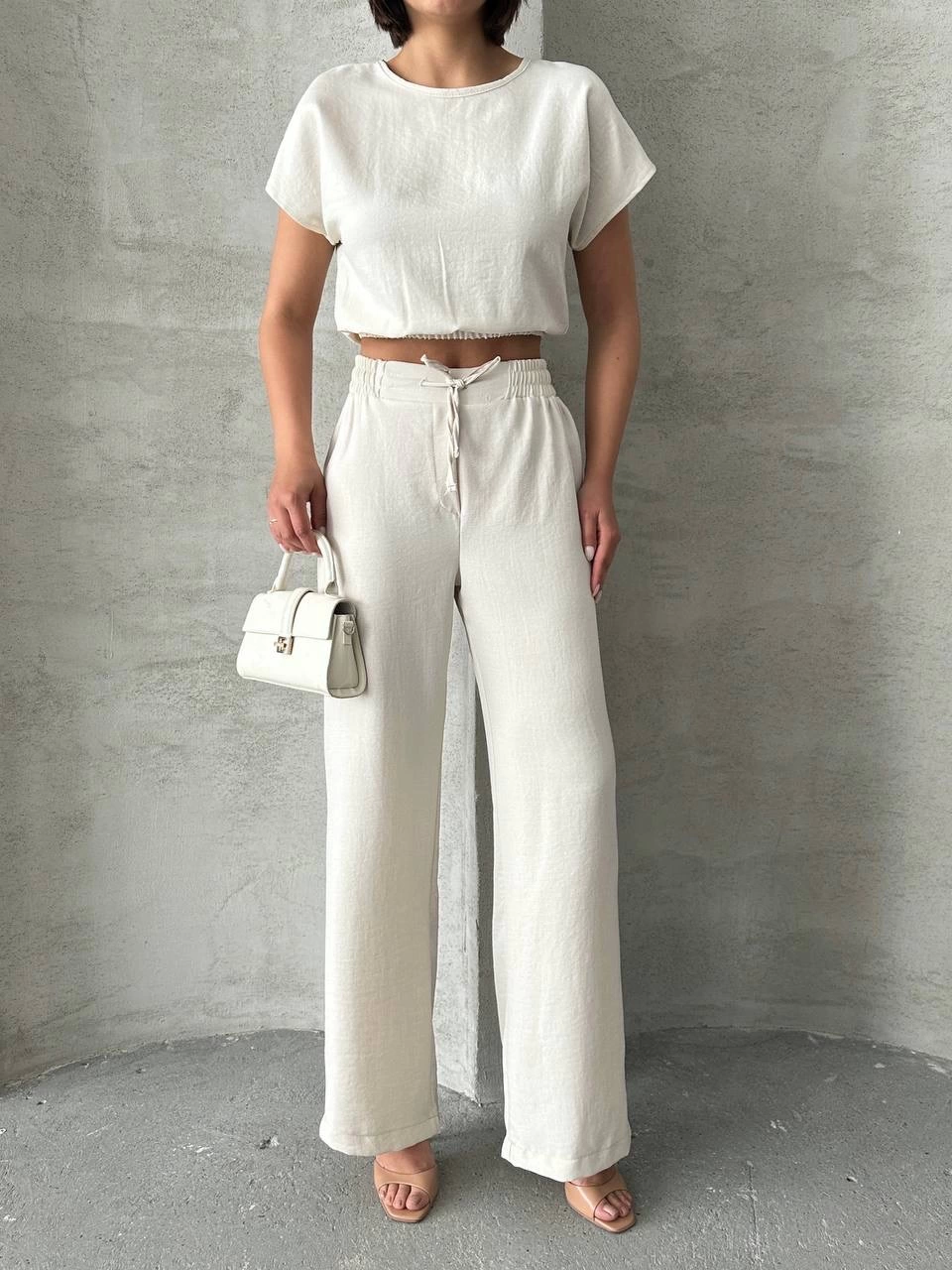 Modern Cut High Waist Beige Blouse Trouser Set