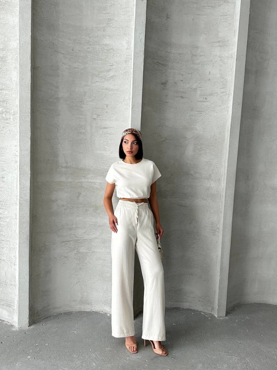 Modern Cut High Waist Beige Blouse Trouser Set