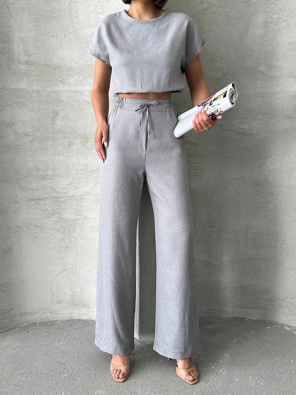 Modern Cut High Waist Gray Blouse Trouser Set