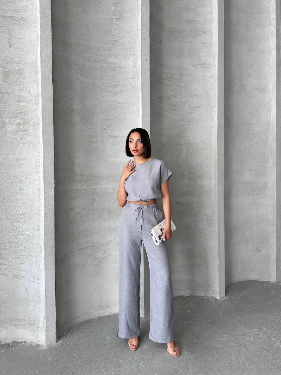 Modern Cut High Waist Gray Blouse Trouser Set